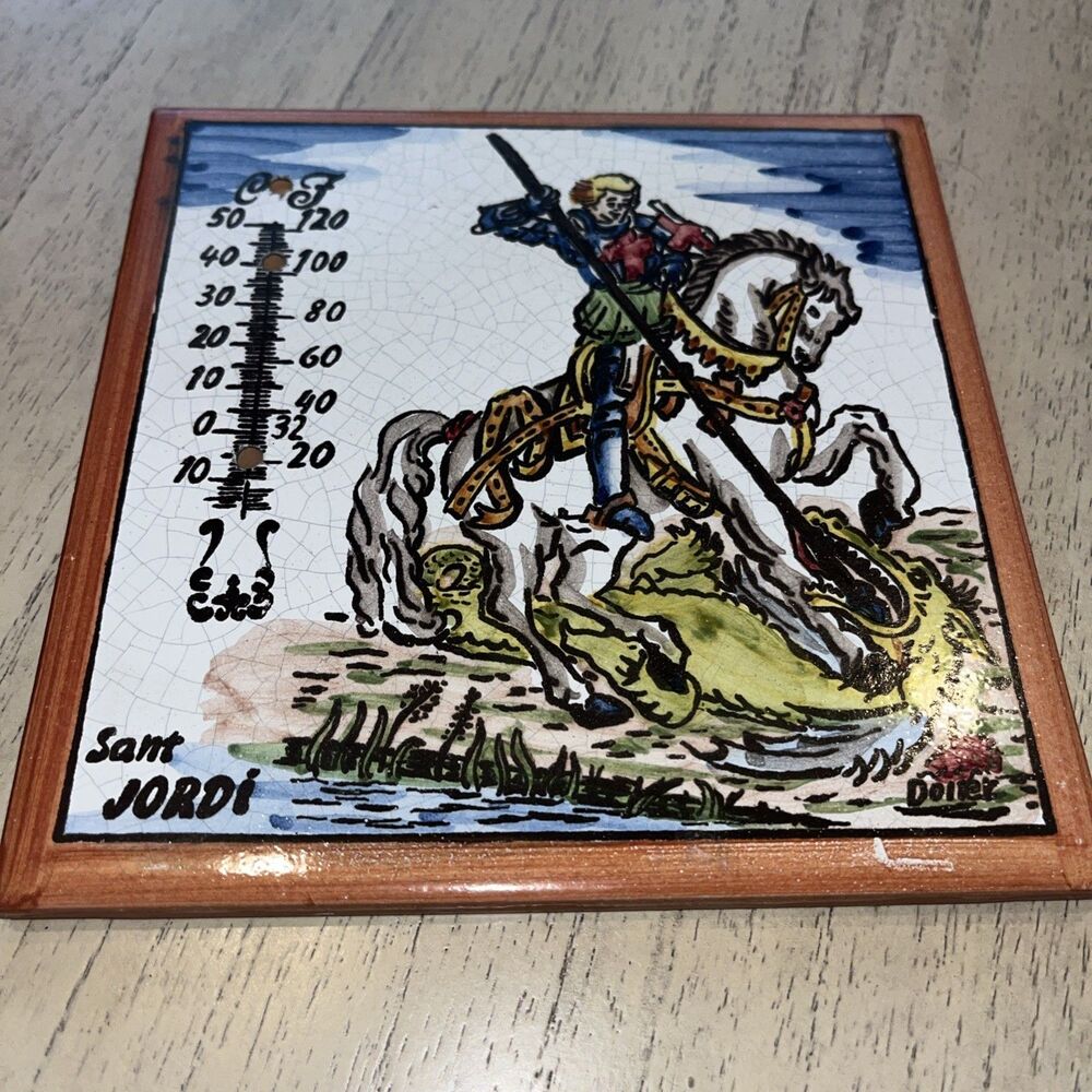 Vintage Spanish Art Tile St. Jordi on Horseback W/Dragon (Castellon De La Plana)